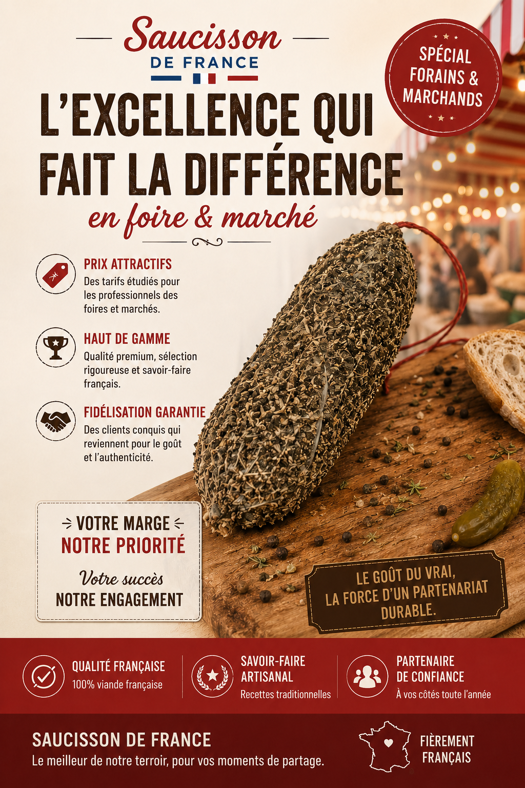 Flyer spécial forains et marchands pour de la vente de saucissons. En entête : Saucisson de France ; L'excellence qui fait la différence ; en foire et marché. Une liste de 3 points clés : prix attractifs, des tarifs étudiés pour les professionnels des foires et marchés ; haut de gamme, qualité premium, sélection rigoureuse et savoir-faire français ; fidélisation garantie, des clients conquis qui reviennent pour le goût et l'authenticité. Un encart : votre marge, notre priorité ; votre succès, notre engagement. Un deuxième encart : le goût du vrai, la force d'un partenariat durable. Un premier pied de page avec 3 éléments clés : qualité française, 100% viande française ; savoir-faire artisanal, recettes traditionnelles ; partenaire de confiance, à vos côtés toute l'année. Un deuxième pied de page avec en contenu : saucisson de Frnace, le meilleur de notre terroir, pour vos moments de partage ; fièrement français